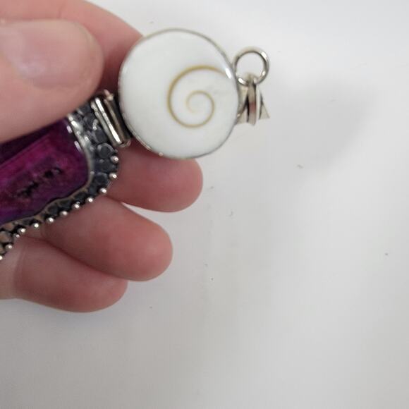 Handmade Silver Pendant with Pink Agate and Shiva Shell Accent - Picture 4 of 10